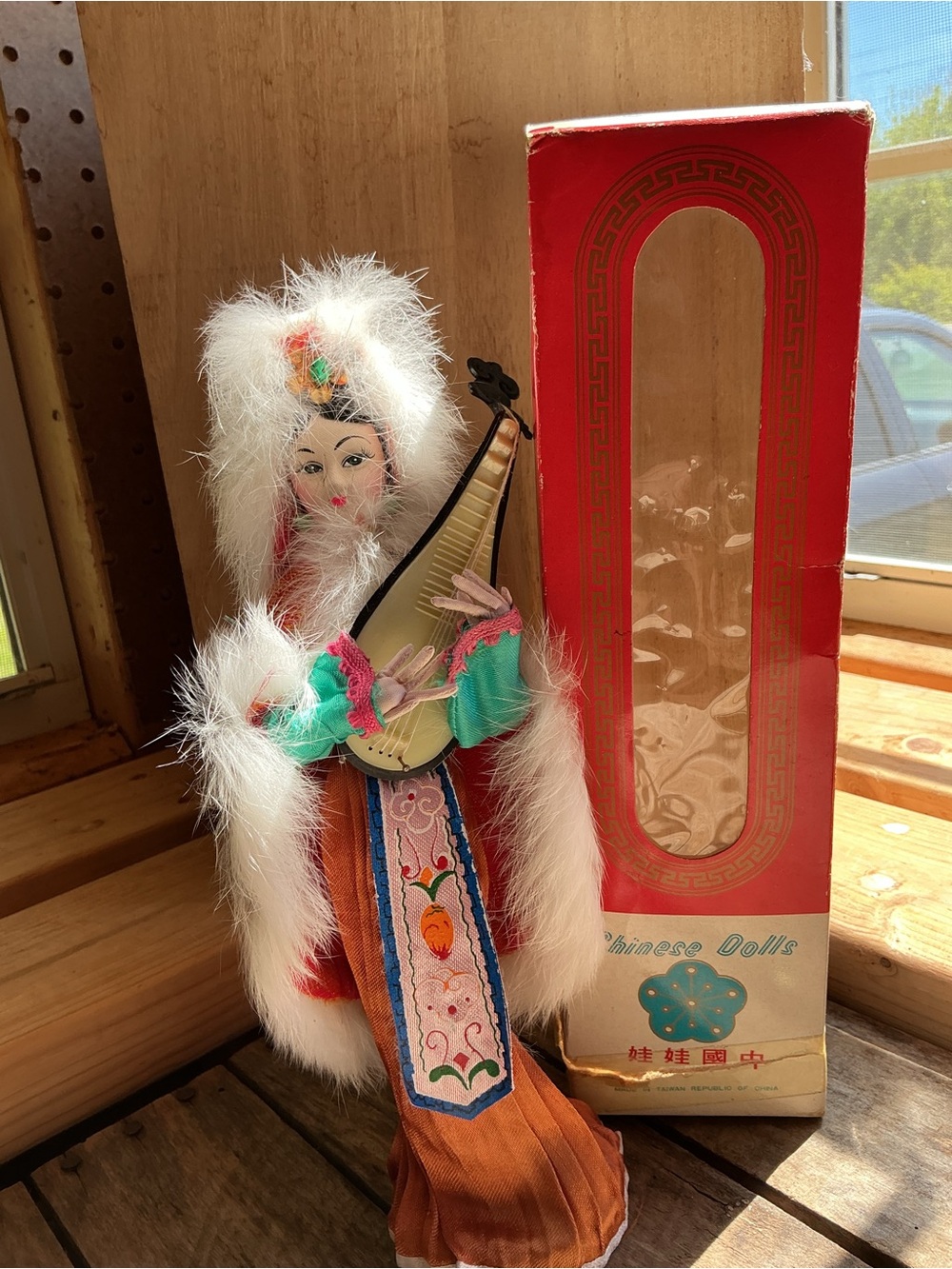 Vintage Chinese Doll feathered silk traditional Costume dress cape & Instrument
